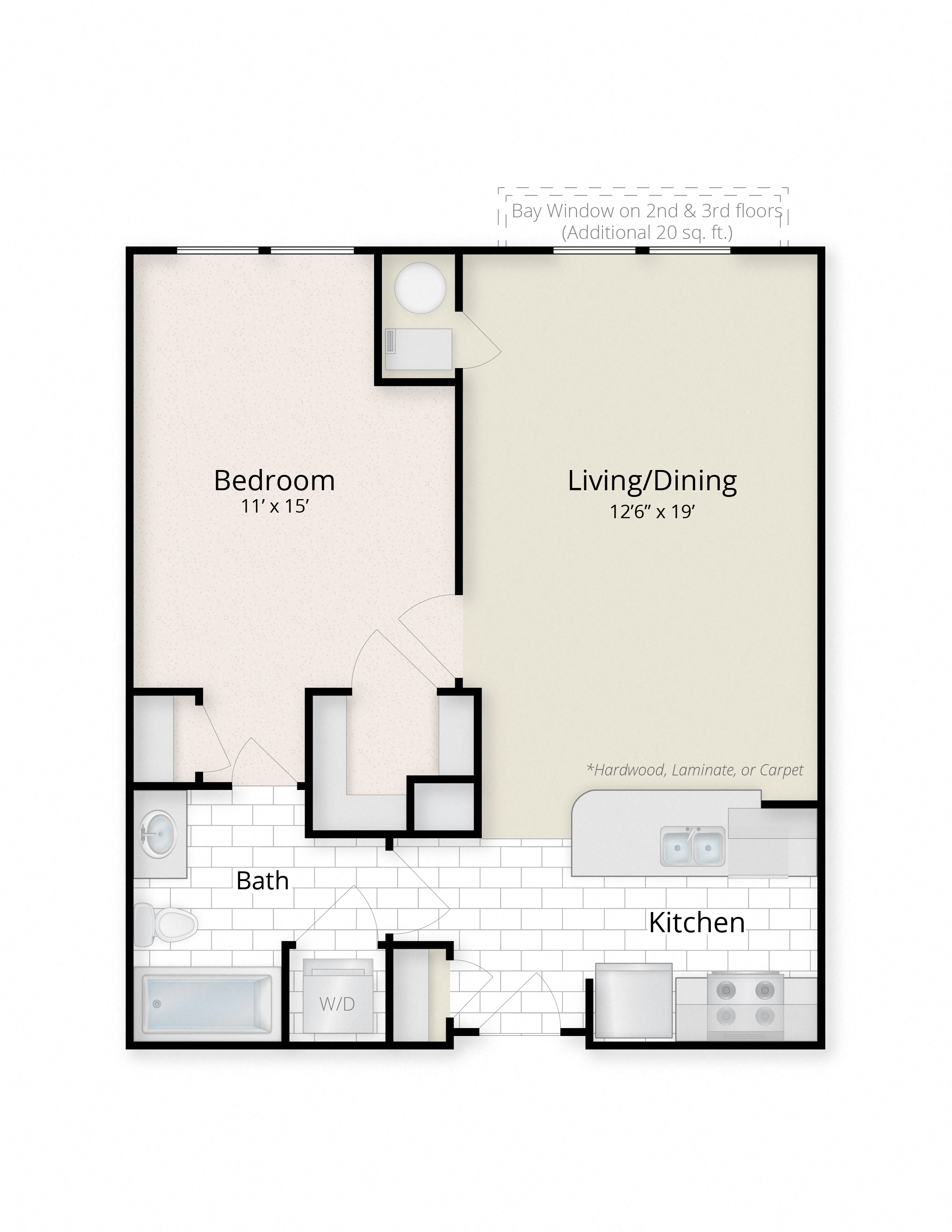 Floor plan for 1 bed, 1 bath, 682 sqft
